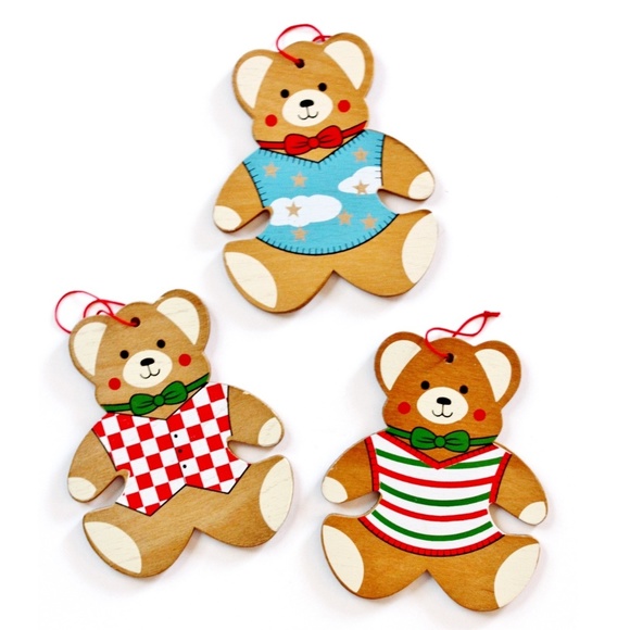 XMAS Ornaments Vintage Wood Teddy Bears Set of 3 MCM Made in Taiwan Cottagecore - Picture 2 of 8